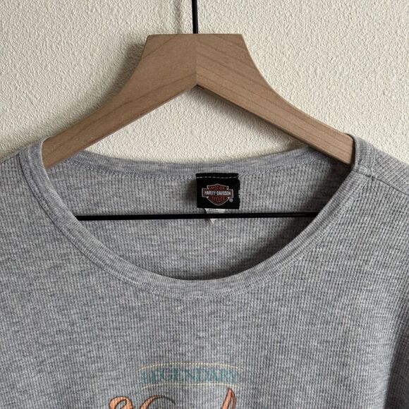 Harley Davidson Top Womens Medium Gray Waffle Knit Harley Graphic Spokane Biker - Picture 5 of 13